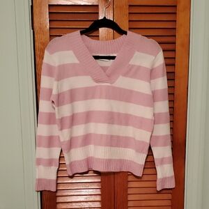 Pink and White Striped V-Neck Sweater